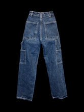 Load image into Gallery viewer, XS Dark blue distressed denim high waist straight leg pants w/ white stitching, pockets, belt loops, &amp; button/zipper closure
