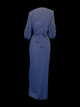 Load image into Gallery viewer, XL Dark blue and silver metallic half sleeve wrap gown w/ ruching details
