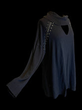 Load image into Gallery viewer, 0X Black cotton blend knit long sleeve cowl keyhole neckline sweater w/ silver-like stud details
