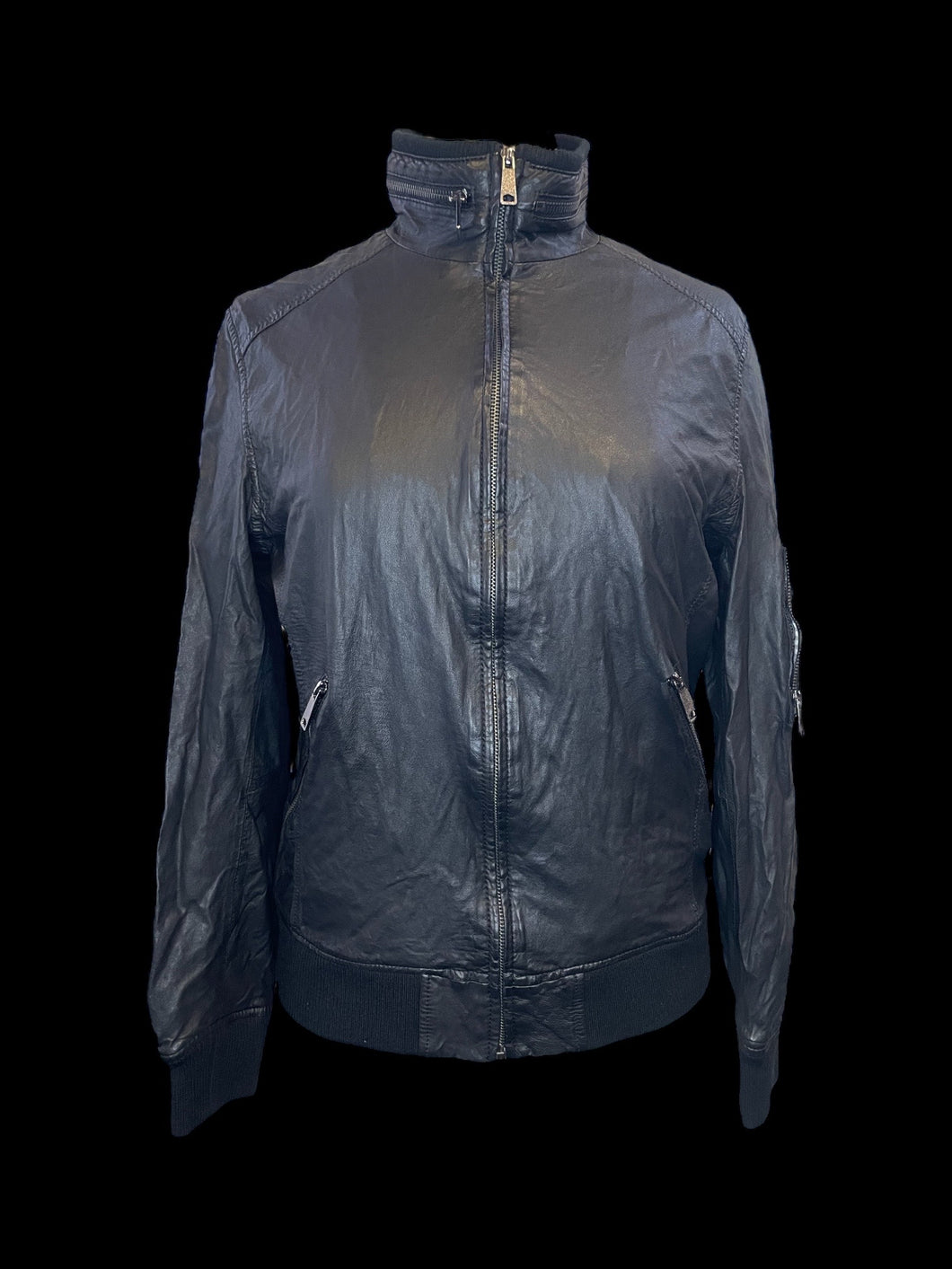 L Black leather zip-up jacket w/ blue, white, & red cotton lining, zipper details, & rib knit hems