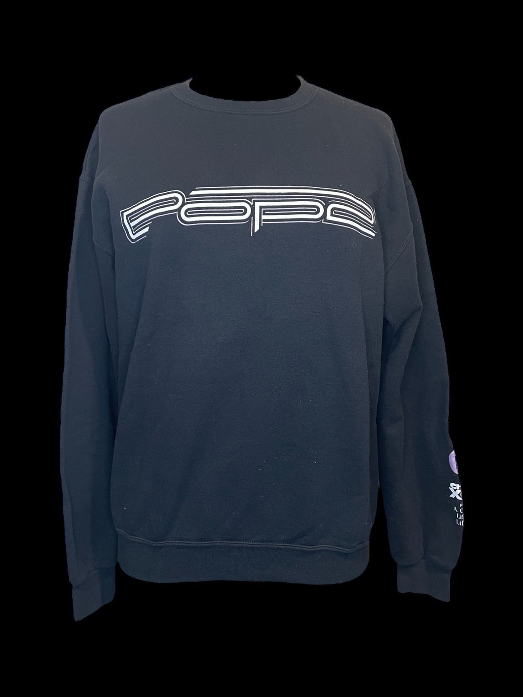 L Black, white, & purple “Charli XCX” graphic long sleeve crew neck pullover sweater