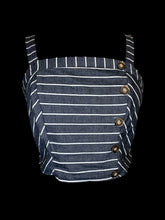 Load image into Gallery viewer, M Blue grey &amp; white stripe sleeveless v-neckline bustier w/ mock button down closure, &amp; shirred back
