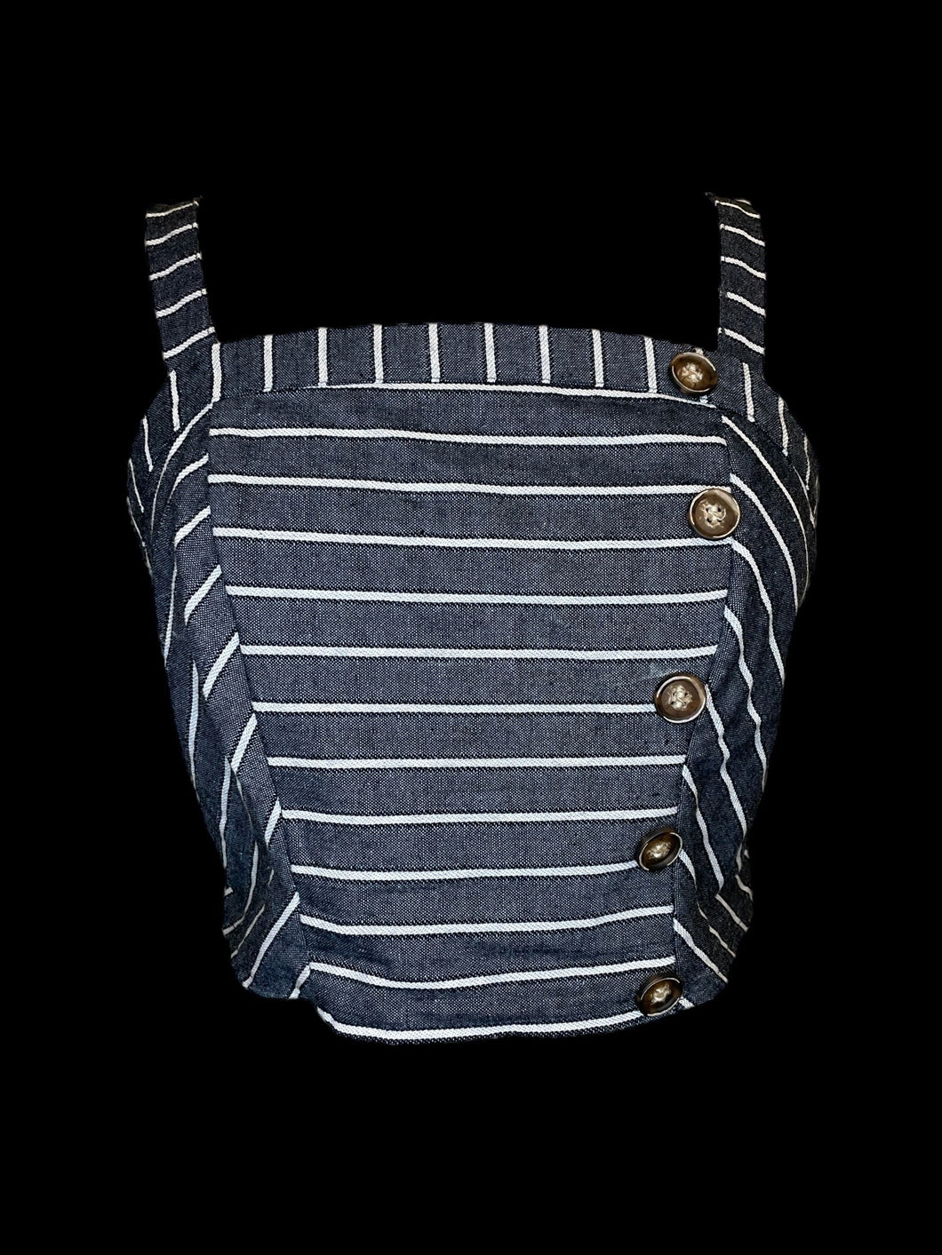 M Blue grey & white stripe sleeveless v-neckline bustier w/ mock button down closure, & shirred back