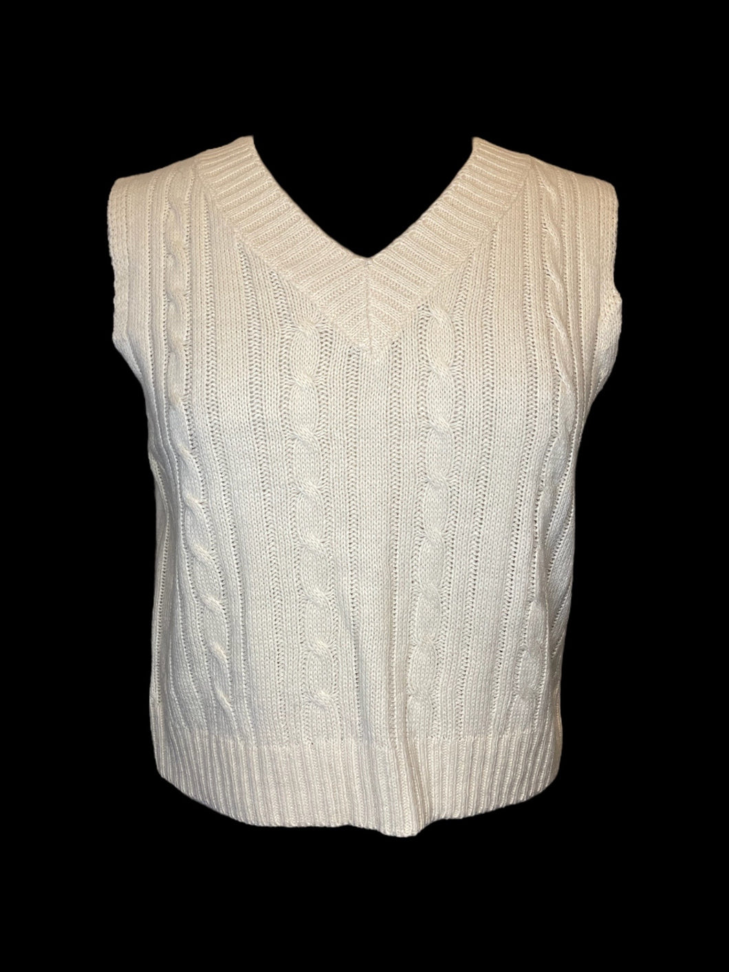 0X Cream cable knit v-neck crop sweater vest w/ ribbed hems