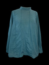 Load image into Gallery viewer, 1X Teal cotton long sleeve high neckline top w/ embroidery details, button cuffs, scalloped accents, &amp; two button keyhole closure
