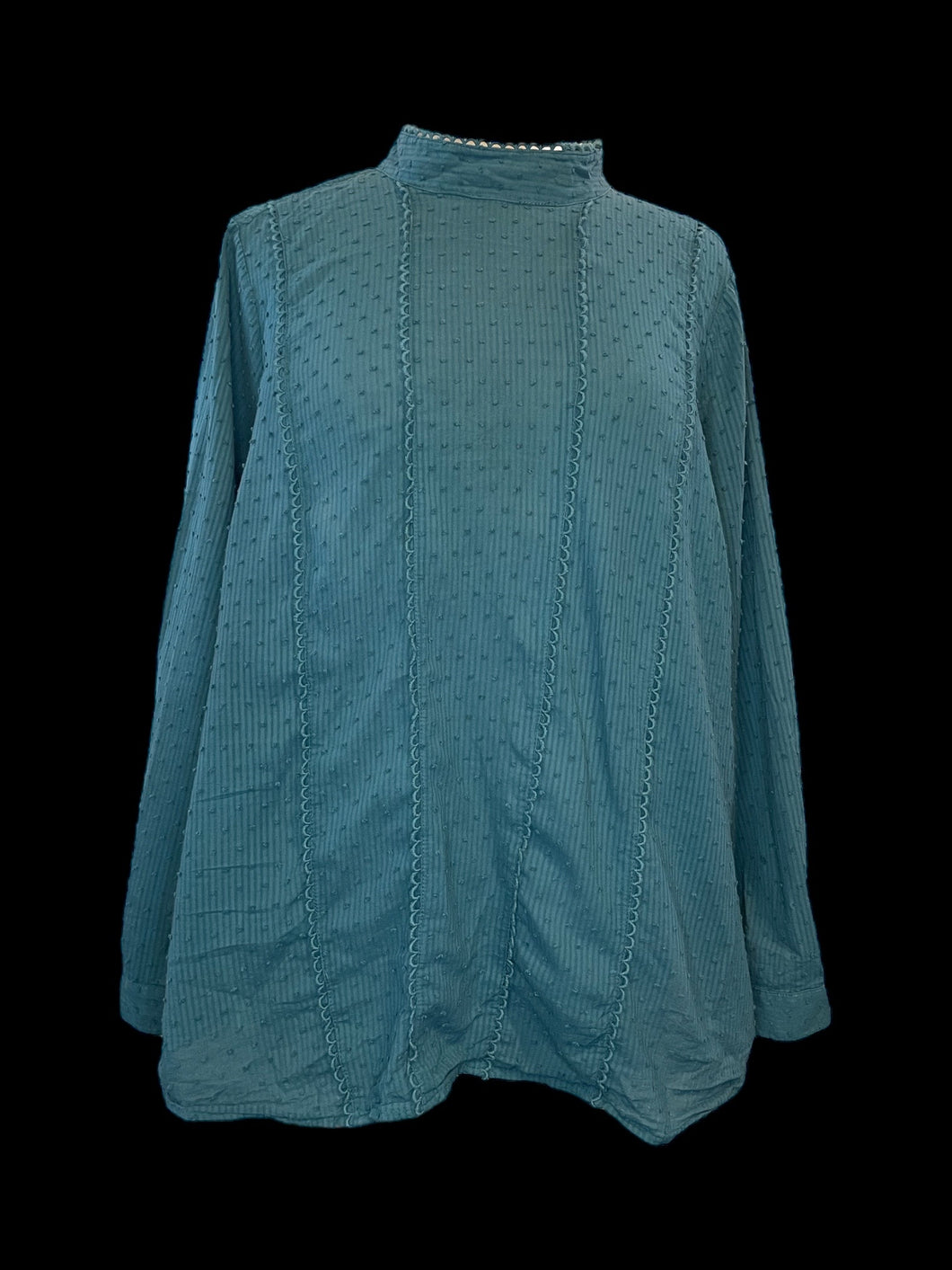 1X Teal cotton long sleeve high neckline top w/ embroidery details, button cuffs, scalloped accents, & two button keyhole closure