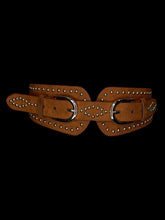 Load image into Gallery viewer, 1X Brown faux suede &amp; pleather elastic waist belt w/ gold-like hardware, adjustable buckles, &amp; two snap closure
