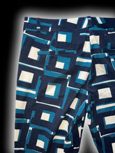 Load image into Gallery viewer, S Blue &amp; white straight leg pants w/ abstract square pattern, button/clasp/zipper closure, &amp; pockets

