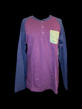 Load image into Gallery viewer, L NWT Burgundy, dark blue, &amp; olive green long sleeve crew neckline baseball style Henley top w/ chest pockets
