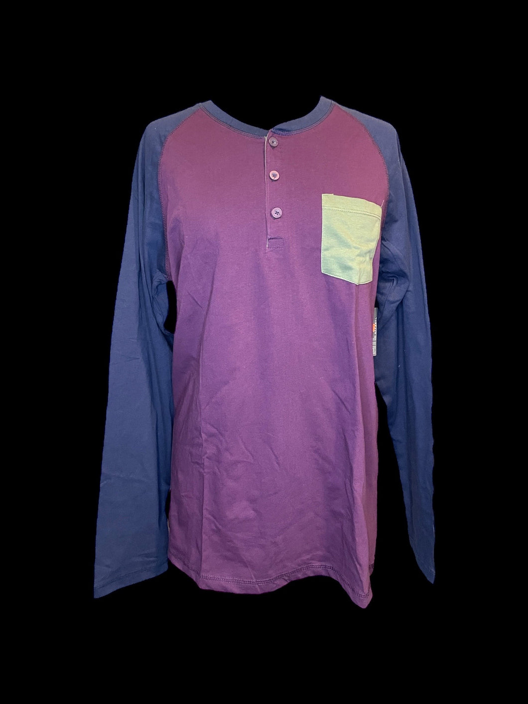 L NWT Burgundy, dark blue, & olive green long sleeve crew neckline baseball style Henley top w/ chest pockets