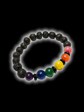 Load image into Gallery viewer, Porous volcanic black stone &amp; rainbow beaded bracelet
