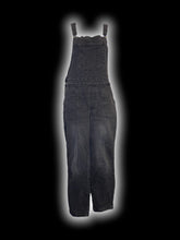 Load image into Gallery viewer, L Black denim taper leg overalls w/ adjustable straps, side button closures, &amp; pockets
