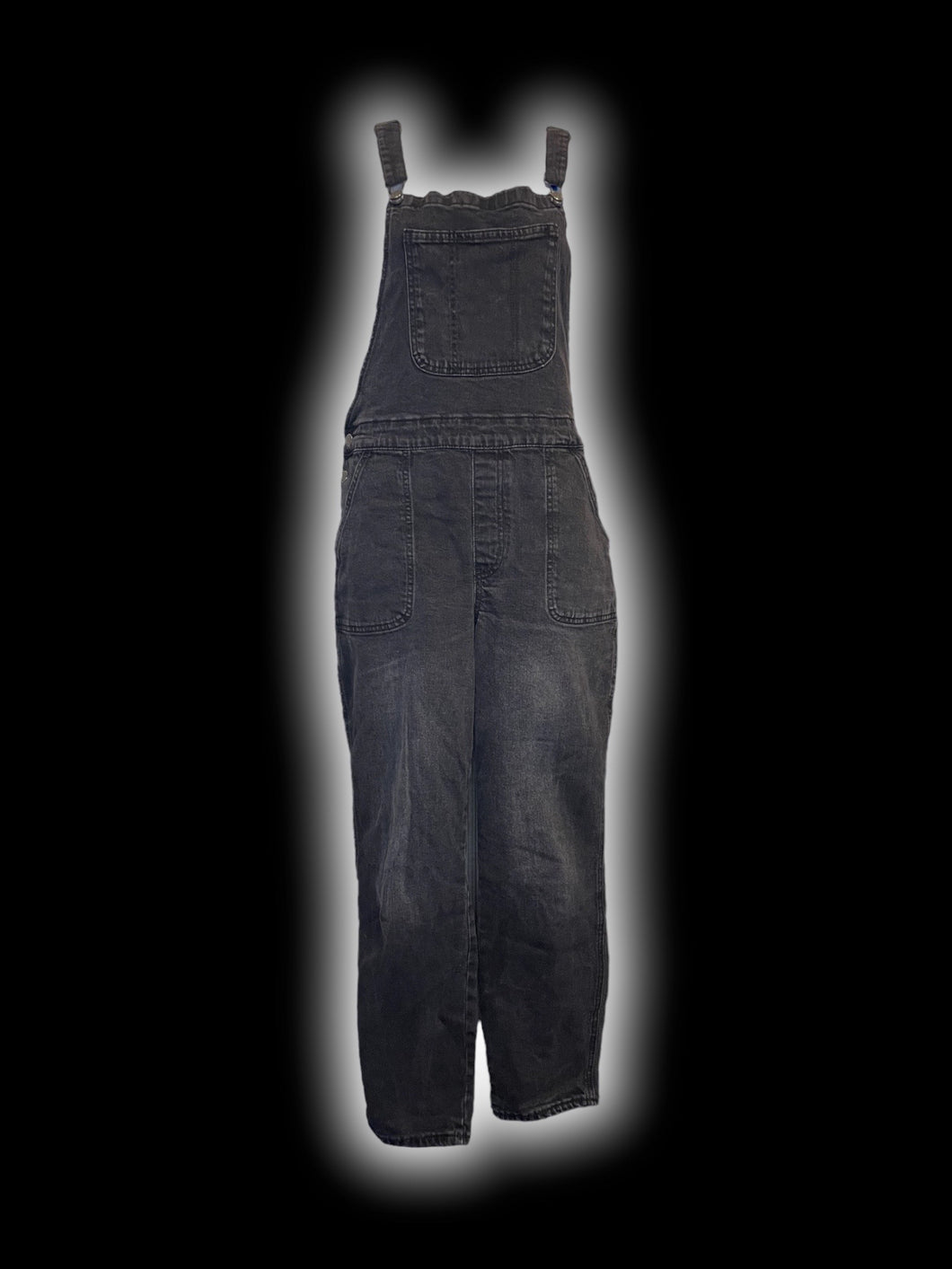 L Black denim taper leg overalls w/ adjustable straps, side button closures, & pockets