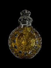 Load image into Gallery viewer, Silver-like &amp; yellow ornate setting round perfume bottle w/ black &amp; metallic gold round stone

