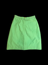 Load image into Gallery viewer, S Vintage 70s green, blue, &amp; white stripe &amp; dot embroidery knee length skirt w/ pocket, &amp; button/zipper closure
