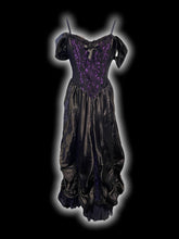 Load image into Gallery viewer, M NWT Vintage Black &amp; purple satin, velvet, &amp; lace sleeveless maxi dress w/ adjustable straps, structured bodice, shirred back, &amp; gathering in skirt
