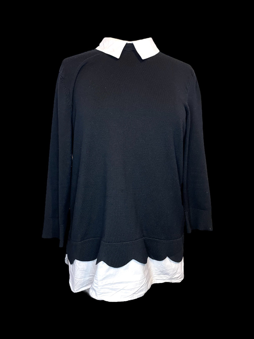 1X Black & white 3/4 sleeve faux collared undershirt sweater w/ scalloped hem, & two clasp keyhole closure