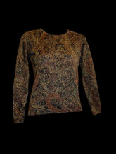 Load image into Gallery viewer, XS Vintage brown, black, &amp; metallic gold ornate pattern knit long sleeve crew neckline sweater
