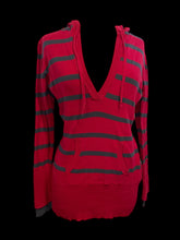 Load image into Gallery viewer, M Vintage 90s red &amp; dark green stripe cotton blend knit long sleeve-neckline sweater w/ drawstring hood, &amp; kangaroo pocket
