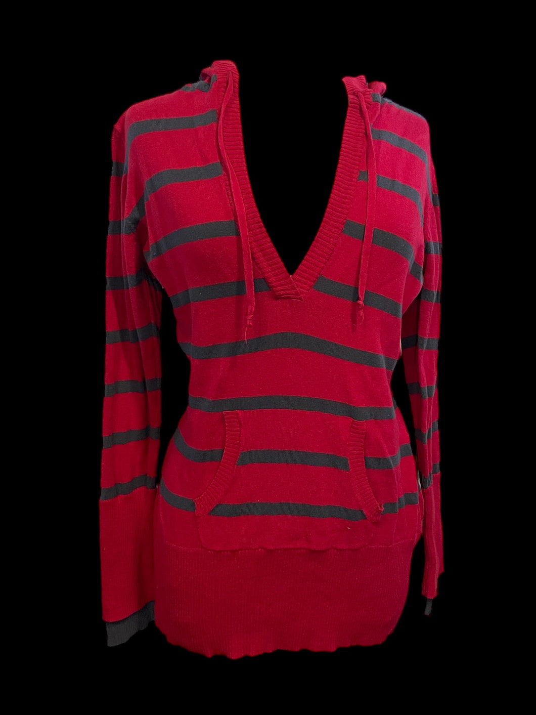 M Vintage 90s red & dark green stripe cotton blend knit long sleeve-neckline sweater w/ drawstring hood, & kangaroo pocket