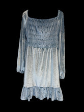 Load image into Gallery viewer, 1X NWT Light blue velvet balloon sleeve square off the shoulder neckline dress mini dress w/ shirred bodice, &amp; ruffle hem

