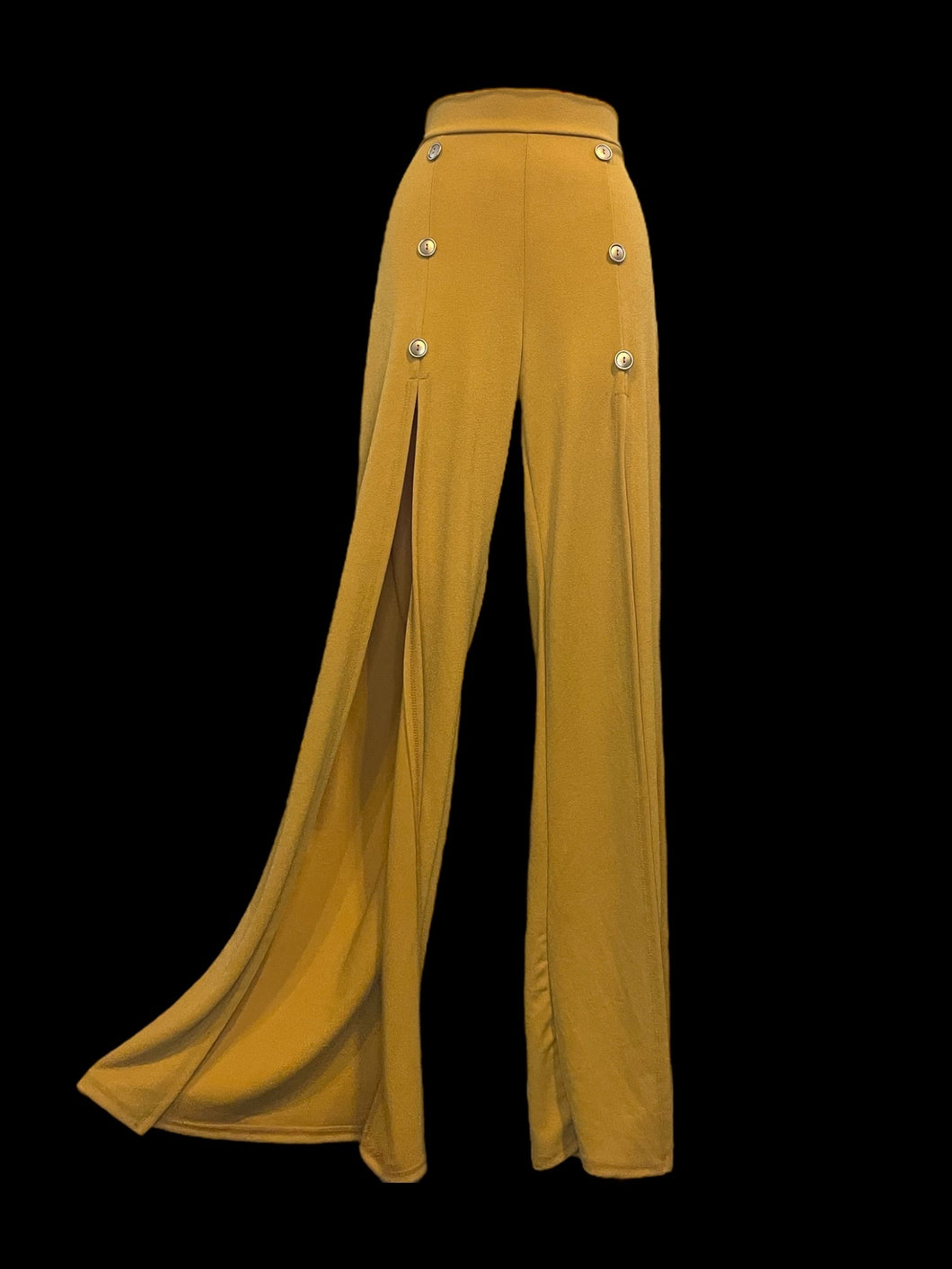XL Yellow split leg pants w/ button details, & stretchy waist