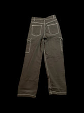 Load image into Gallery viewer, S Black denim high waist wide leg pants w/ white stitching, pockets, belt loops, &amp; button/zipper closure
