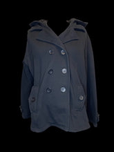 Load image into Gallery viewer, XL Black long sleeve double breasted coat w/ hood, pockets, &amp; belt loops
