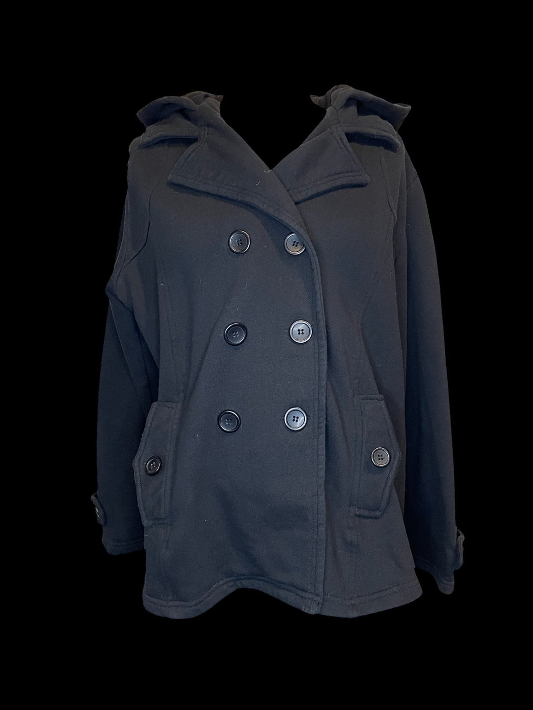 XL Black long sleeve double breasted coat w/ hood, pockets, & belt loops