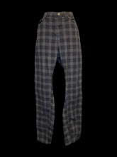 Load image into Gallery viewer, L Black &amp; grey plaid high waist taper leg pants w/ pockets, belt loops, &amp; button/zipper closure

