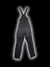 Load image into Gallery viewer, L Black denim taper leg overalls w/ adjustable straps, side button closures, &amp; pockets
