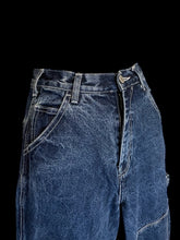 Load image into Gallery viewer, XS Dark blue distressed denim high waist straight leg pants w/ white stitching, pockets, belt loops, &amp; button/zipper closure
