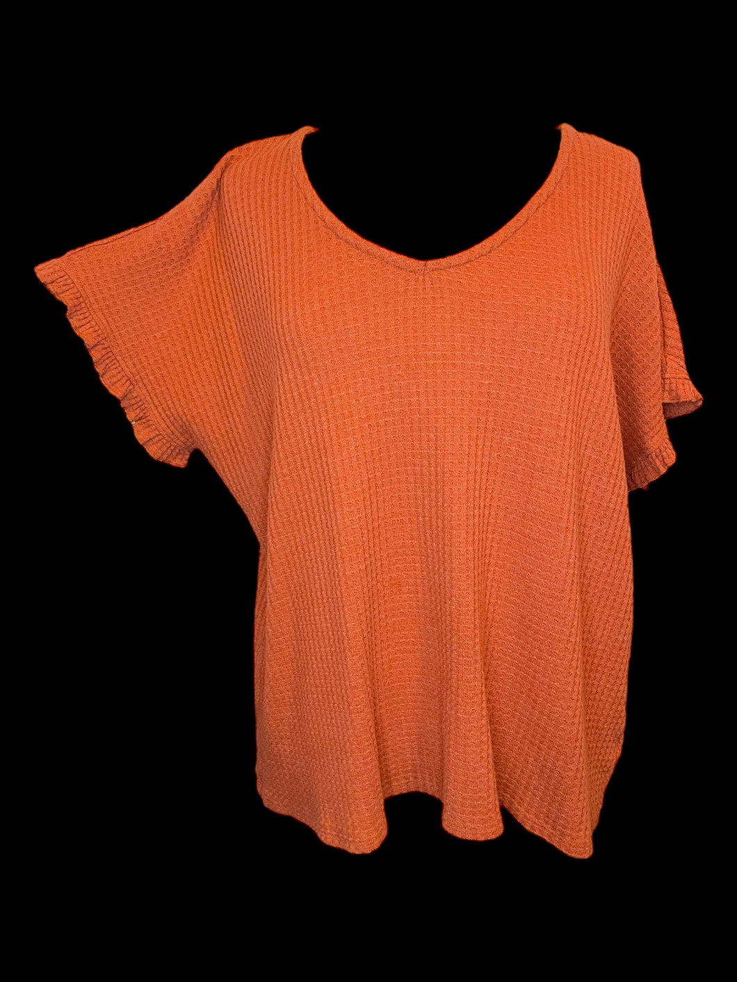 2X  Burnt orange waffle knit short ruffle sleeve v-neckline hi-lo top