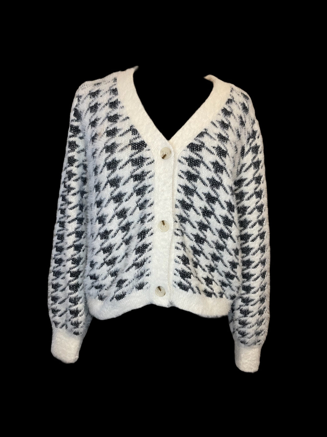 0X White & black fuzzy houndstooth cropped cardigan