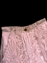 Load image into Gallery viewer, S Lilac &amp; black swirl pattern sheer high waist straight leg cargo style pants w/ lilac lining, pockets, button/zipper closure, &amp; belt loops
