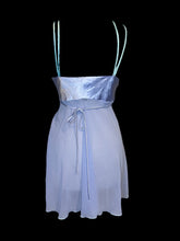 Load image into Gallery viewer, XL Lilac, blue, &amp; green satin &amp; botanical embroidery sleeveless scoop neckline dress w/ sheer skirt, &amp; attached tie belt
