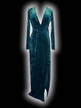 Load image into Gallery viewer, L Green crushed velvet long sleeve deep v-neckline maxi dress w/ side slit, &amp; side zipper closure
