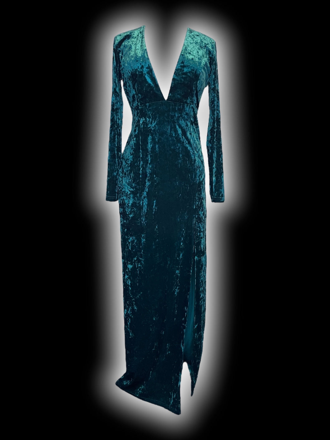 L Green crushed velvet long sleeve deep v-neckline maxi dress w/ side slit, & side zipper closure