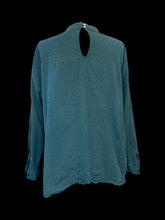 Load image into Gallery viewer, 1X Teal cotton long sleeve high neckline top w/ embroidery details, button cuffs, scalloped accents, &amp; two button keyhole closure
