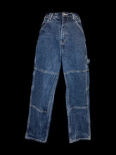 Load image into Gallery viewer, XS Dark blue distressed denim high waist straight leg pants w/ white stitching, pockets, belt loops, &amp; button/zipper closure
