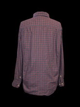 Load image into Gallery viewer, 1X Red, black, &amp; white long sleeve button down top w/ folded collar, button cuffs, &amp; chest pockets

