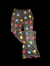 Load image into Gallery viewer, XL Black &amp; multicolor flare leg pants w/ floral pattern, &amp; elastic waist
