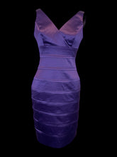 Load image into Gallery viewer, M Purple satin tiered sleeveless v-neckline bodycon dress w/ clasp/zipper closure
