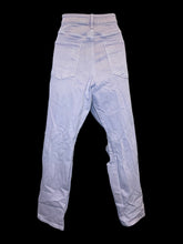 Load image into Gallery viewer, XL Lilac distressed denim high waist taper leg pants w/ pockets, belt loops, &amp; button/zipper closure
