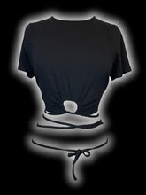 Load image into Gallery viewer, XL Black rib knit short sleeve round neckline crop top w/ tie keyhole wrap detail
