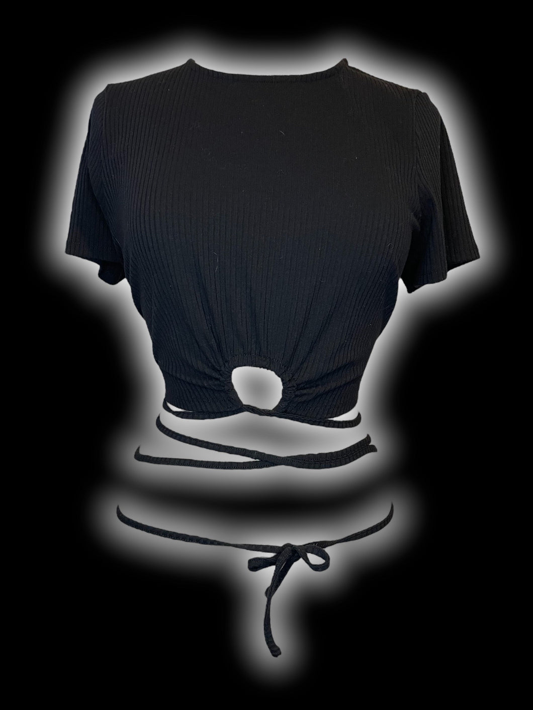 XL Black rib knit short sleeve round neckline crop top w/ tie keyhole wrap detail