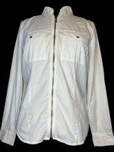 Load image into Gallery viewer, L White long sleeve button down collared top w/ gold-like zipper front, button chest pockets, &amp; button cuffs
