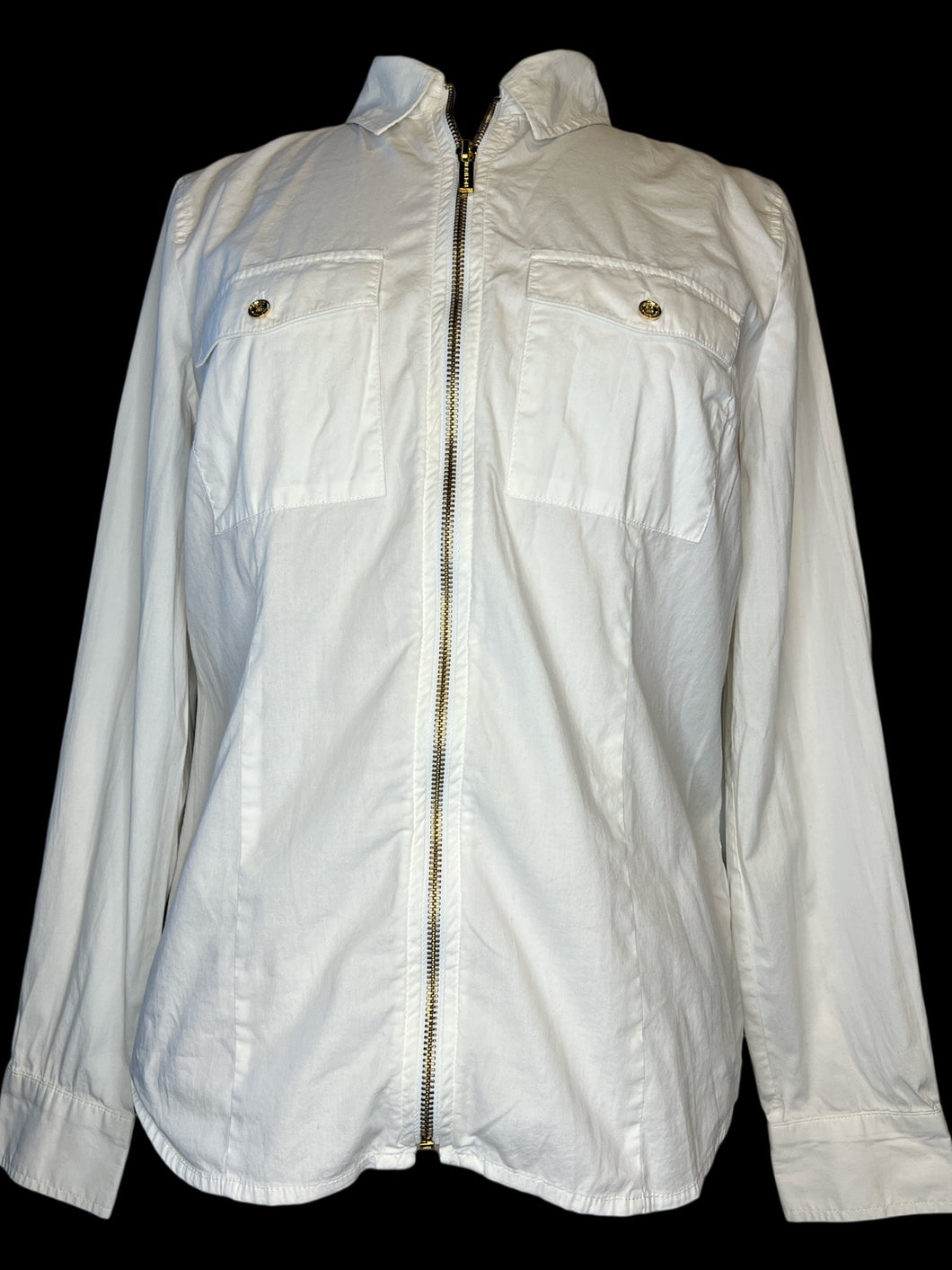 L White long sleeve button down collared top w/ gold-like zipper front, button chest pockets, & button cuffs