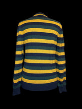Load image into Gallery viewer, L Dark blue, green, &amp; mustard yellow knit stripe long sleeve crew neckline sweater w/ ribbed hems
