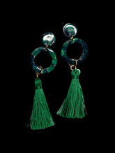 Load image into Gallery viewer, Teal &amp; green circle, ring, &amp; tassel dangle earrings w/ secure lock backs
